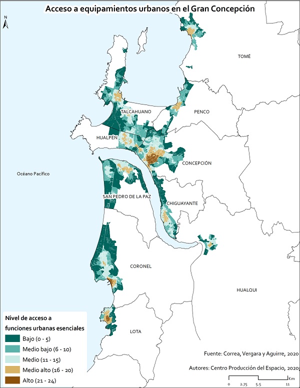 Mapa de los barrios de 15 minutos en el Área Metropolitana de Concepción