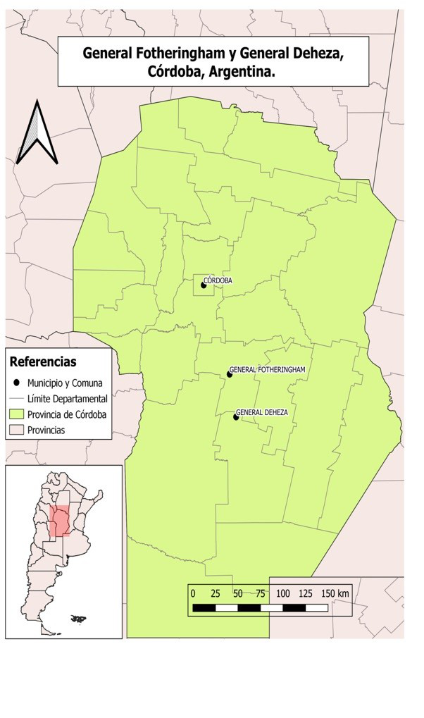 Ubicación geográfica de las localidades de General Fotheringham y General Deheza. Córdoba, Argentina