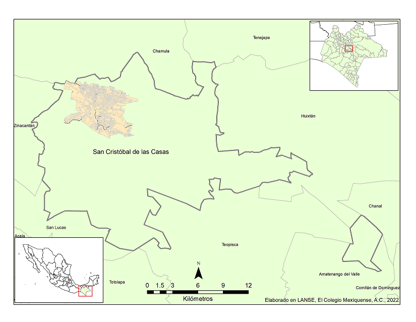 Localización de la ciudad de San Cristóbal de Las Casas en el Estado de Chiapas, México