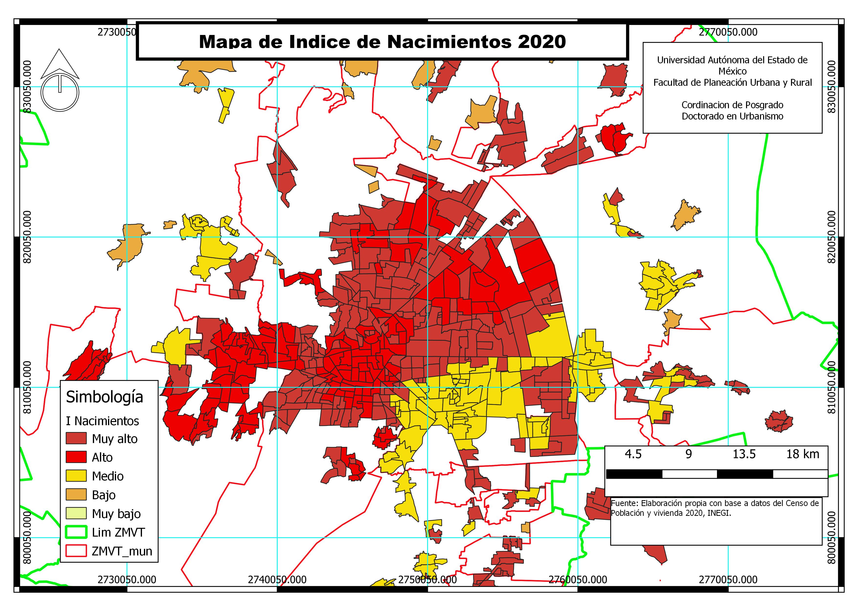Mapa de nacimiento en la ZMVT, 2020