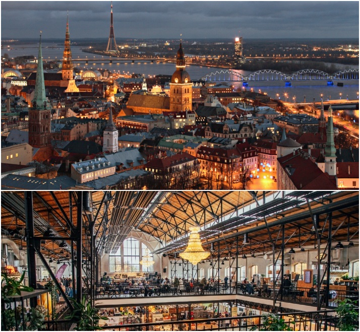 Riga
(top), interior of Āgenskalns Market (bottom)