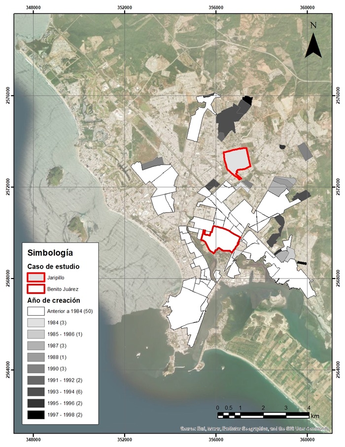 Localizaci&oacute;n y temporalidad de los
asentamientos de origen informal hasta el a&ntilde;o 2000, en Mazatl&aacute;n, M&eacute;xico