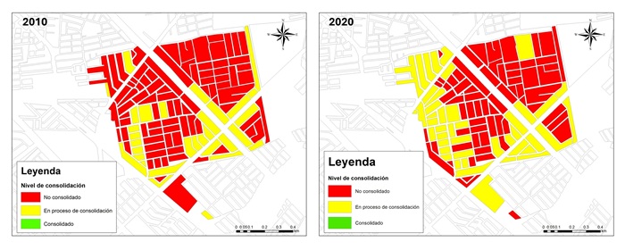 Distribuci&oacute;n de los niveles de
consolidaci&oacute;n espacial: caso Jaripillo (2010-2020)