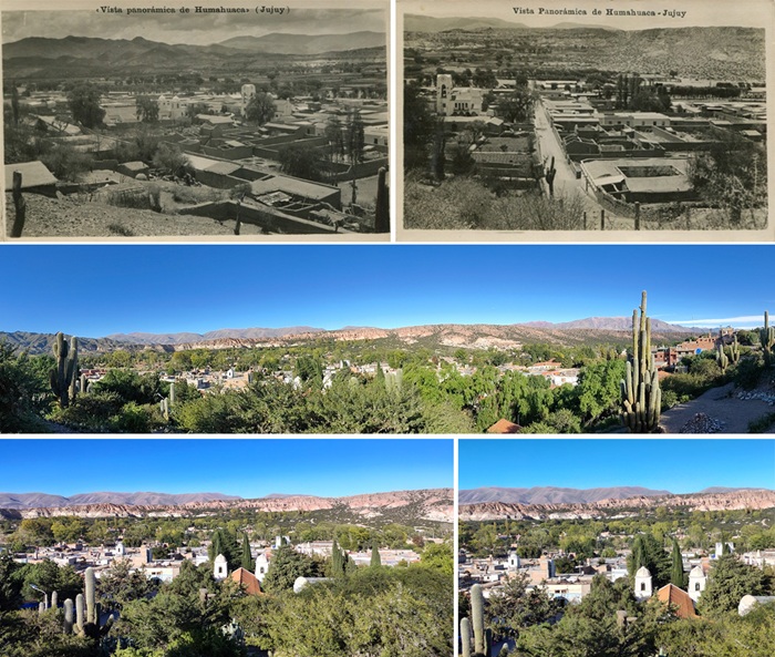 Im&aacute;genes hist&oacute;ricas de Humahuaca desde el centro, c. 1940 (izq.) y (der.) panor&aacute;mica
y fotograf&iacute;as actuales del sector