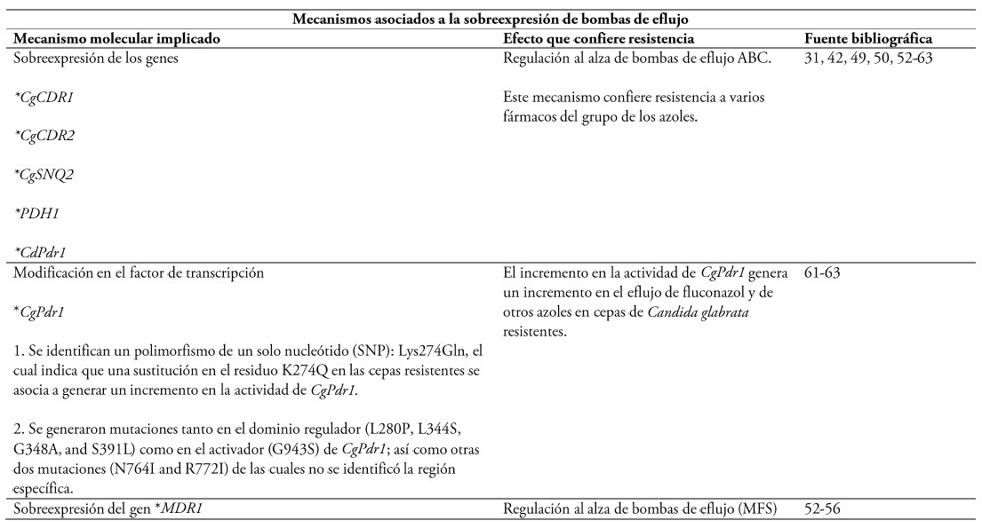 Síntesis de los mecanismos moleculares de resistencia expresados por Cándida glabrata (31,36,42,49-63)