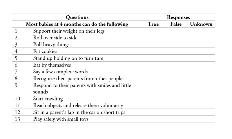 Questions included in the questionnaire for the typical development of a 4-month-old baby