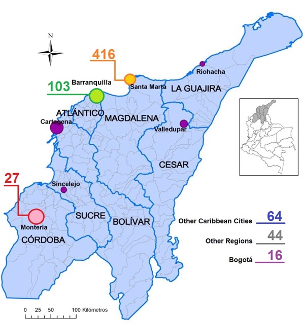 Geographical distribution
of the cities and amount of participants