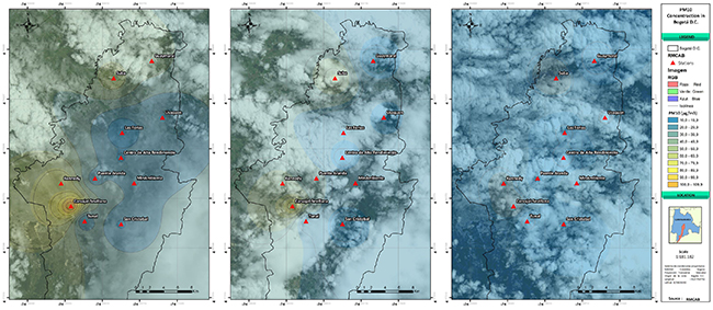 Figure 6. PM10 map in Bogotá (27/09/2013, 31/07/2015, 04/07/2017)