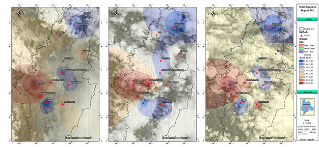Figure 8. Wind speed map in Bogotá (27/09/2013, 31/07/2015, 04/07/2017)