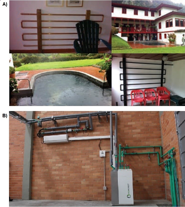 
A) Use of geothermal heating at Hacienda La Quinta near the NRV geothermal area. B) Cold room with a geothermal heat pump pilot project developed in Bogotá by SAGG SAS

