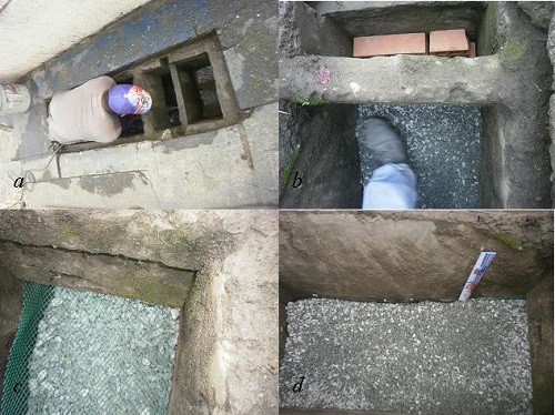 Storm drain modification process. (a) Screen perforation, (b) Installation of brick and gravel 9.5 mm diameter (3/4"), (c) Installation of the diamond mesh d. Modified storm drain
