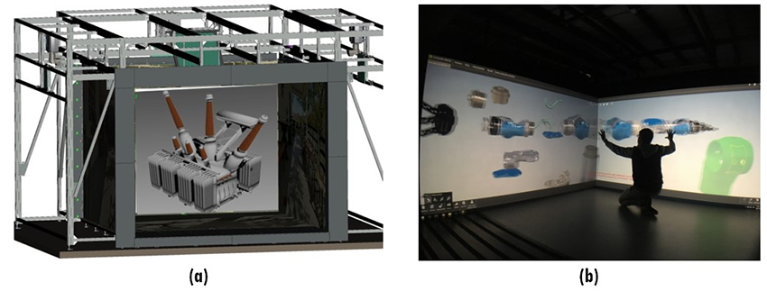 
CAVE Barco S4 CAVE at PUJ, managed by CTAI and housed in the Centro Ático. (a) Digital model of the system, (b) CAVE under operation
