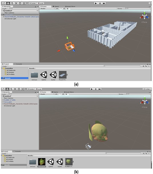 
3D assets imported in the game engine. (a) BIM model of first level of the CTAI lab imported on the Game Engine, (b) 3D cranium model ready to use on the Game Engine
