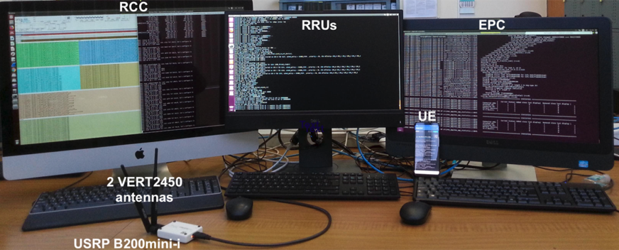 Hardware utilized for emulations. It is composed of three computers, one USRP B200mini-i, two antennas, and one COTS UE (Samsung Galaxy S8). The validation of allocated PRBs employs all the hardware, but the performance evaluation for software-only emulations only requires computers