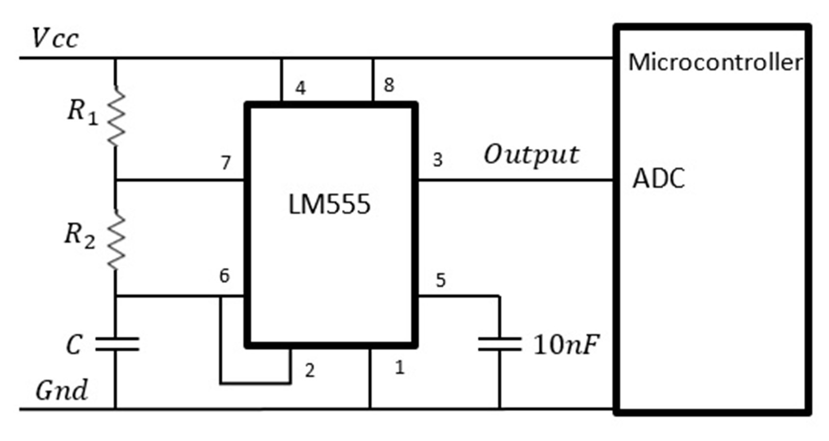 Astable oscillator circuit used. C is the IDC sensor