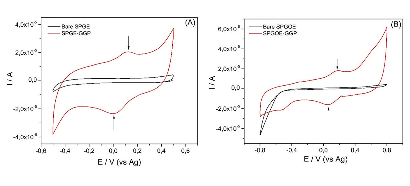 Cyclic voltammograms of (A) bare SPGE and SPGE-GGP; (B) bare SPGOE and SPGOE-GGP in 10 mM phosphate buffer pH 7.8; scan rate 50 mV/s