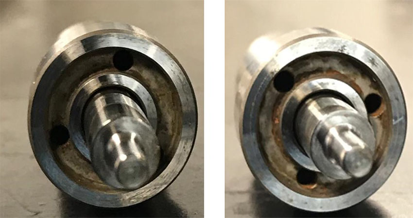 Nozzles visual inspection. (a) Before immersion. (b) After immersion