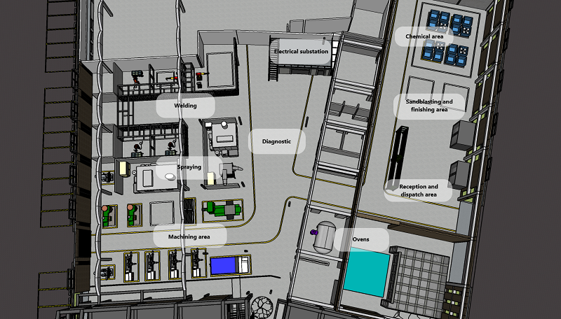 3D image from the roof of the layout of the main departments for the repair workshop using SketchUp® Software
