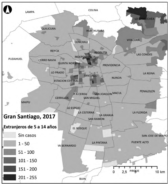Mapa de distribución de población entre 5 y 14 años nacida fuera de Chile