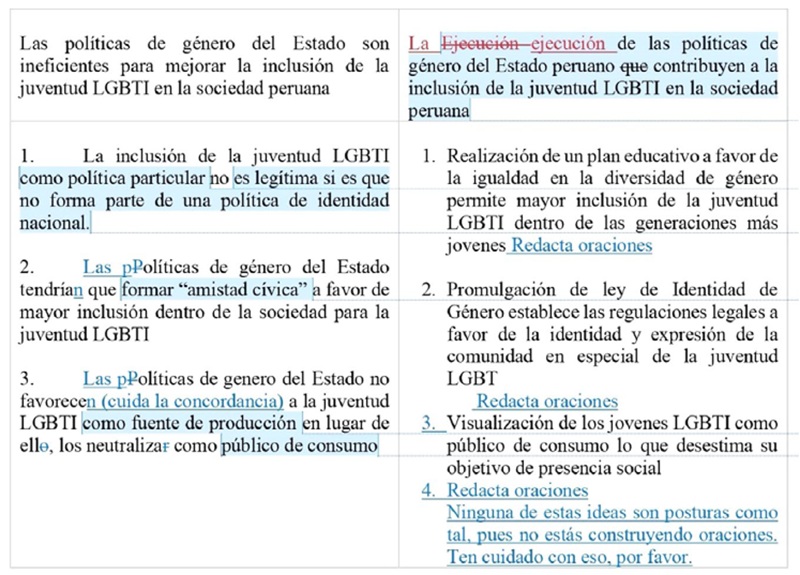 
Comentarios docentes a la entrega de Rocío:
“Redacta oraciones. Ninguna de estas ideas son posturas como tal, pues no estás construyendo oraciones. Ten cuidado
con eso, por favor.”

