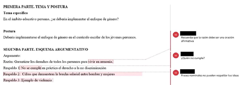 
Comentarios docentes a la entrega de
Aldana: “Recuerda que la razón debe ser una oración afirmativa”, “Frases
nominales no pueden respaldar tus ideas”
