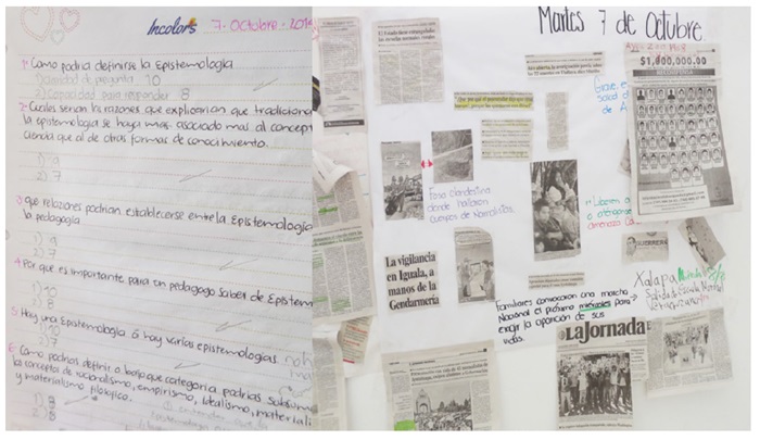 
Foto izquierda del trabajo de epistemología y
foto derecha de la cartelera creada por los estudiantes en el pasillo de la facultad
