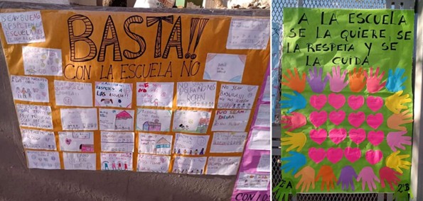 
Carteles realizados por estudiantes pegados en la puerta de la escuela
