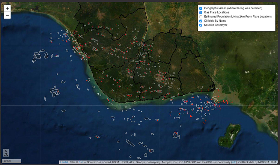 Posos petroleros (polígonos en blanco) y llamaradas (puntos rojos) en el delta del Níger.