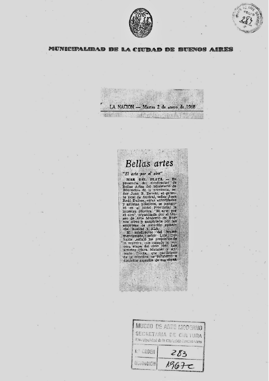 “Bellas Artes ‘El arte por el aire’”, diario La Nación, Mar del Plata, martes 2 de enero de 1968.