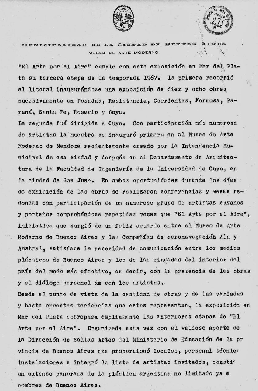 Documento con membretes de la Provincia de Buenos Aires, Ministerio de Educación, Dirección de Cultura, Dirección de Artes Plásticas. 1967.