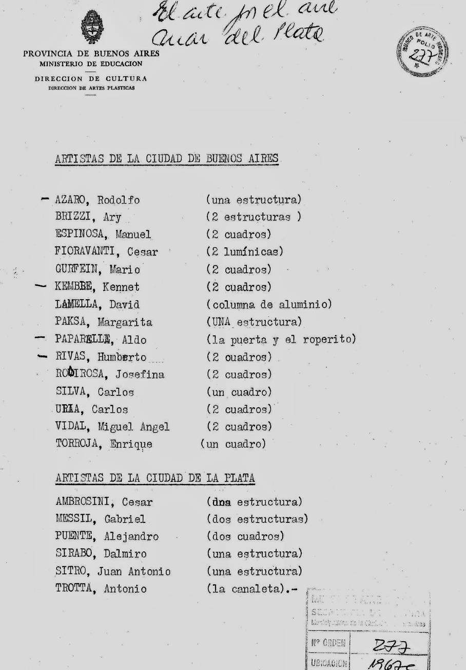 Documento con membretes de la Provincia de Buenos Aires, Ministerio de Educación, Dirección de Cultura, Dirección de Artes Plásticas. 1967.