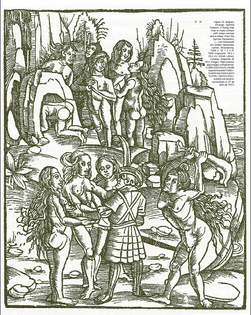 Vespuci, Amerigo. Epístola Soderini. A Young man tries to make contact with Indian women and is killed. From the German Translation: […] ein Nüwewelt von wilden nackenden Leüten, Strassbourg. 1509. C. 32. f. 2. E.IV. 1509. Impresión. 19,3 × 28,4 cm. British Library, Londres. Adquirido en AKG Images: https://www.akg-images.com/archive/-2UMDHUKZ5WHC.html#/SearchResult&ITEMID=2UMDHUKZ5WHC&PO PUPPN=1&POPUPIID=2UMDHUKZ5WHC (consultado el 22 de abril de 2021)