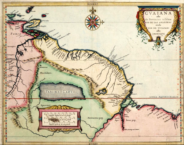 
Jansson, Jan. Guiana, siue, Amazonum Regio. 1660-1664. Mapa a color. 37,5 × 48,5 cm. Publicado originalmente en Ámsterdam, Holanda. Biblioteca Nacional de Brasil. Biblioteca Digital Mundial, https://www.wdl.org/es/item/1108/ (consultado el 21 de abril de 2021)