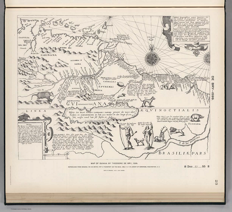 De Bry - 1599. Map of Guinan, 1599. Reproduced from Original (In his America, Part 8. Frankfort on the Main, 1599, p. 3). Impresión. 44 × 39 cm. Library of Congress, Washington, D. C. Lith. by A. Hoen & Co., Baltimore, MD. David Rumsey Historical Map Collection, https://www.davidrumsey.com/luna/ servlet/detail/RUMSEY~8~1~20395 9~3001742:Facsimile--Guiana-by-deBry-# (consultado el 21 de abril de 2021) Nótese que el lago Parima se encuentra rodeado de ilustraciones con pretensión etnográfica dando cuenta de la fauna (humana y animal) de la región. Asimismo, las inscripciones contextuales del mapa son abundantes.