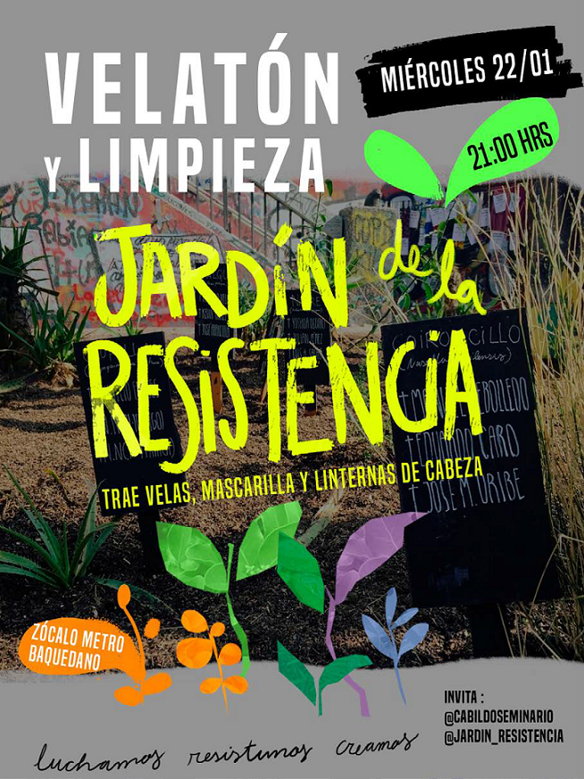 Equipo Jardín de la Resistencia 2020. Diseño afiche: Rebeca Peña R., miembro del cabildo Barrio Seminario. Instagram: @minibeca