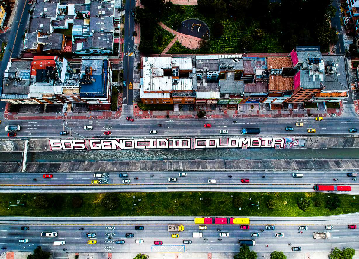 Varios artistas. “S.O.S. genocidio Colombia”. Pintada en avenida 30 con calle 58, costado occidental, Bogotá, 3 de octubre de2020.