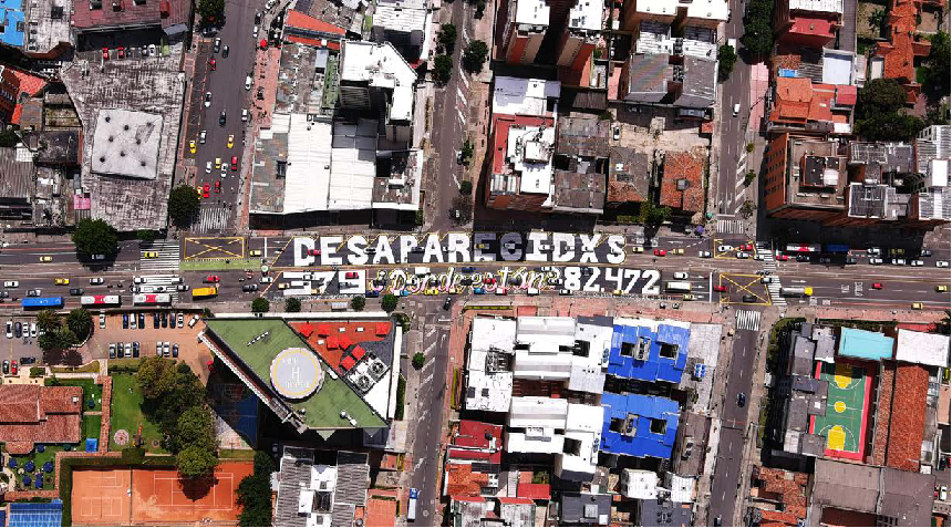 Equipo Desaparición Forzada, Pacifista, Bambalú, Ma.s.a, La Otra Danza y M9s. “Desaparecidxs. ¿Dónde están?”. Carrera séptima con calle 63, Bogotá, 22 de mayo de 2021.