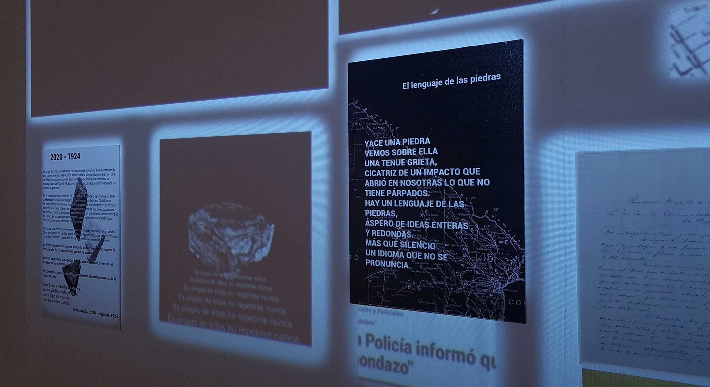  Detalle de la videoinstalaci&oacute;n La resistencia de las piedras, Maia Navas y
Alejandra Reyero. Museo de Bellas
Artes Ren&eacute; Bruseau (MUBA),Ciudad de Resistencia(Chaco, Argentina), septiembre de
2023-marzo de 2024 