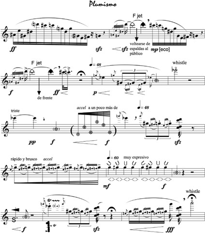 Fragmento de la obra Plumismo para flauta sola de la compositoraAdina Izarra. Citada con el permisode la Editorial Lafipublishers.