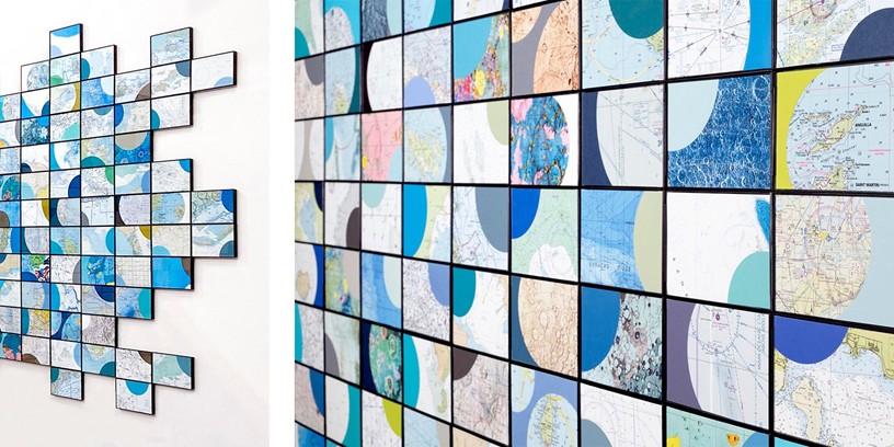 Nayda Collazo- Llorens, Geo Dis/connect #5, 2020.
Wall installation with collected and
printed maps and color paper, 360
framed images, 4 &times; 6 in. each. Overall dimensions approx. 5 &times; 15 ft. Installation at Cartographies of Displacement
exhibition, Art Miami, 2024. Courtesy
of the artist and Abdiel Segarra.