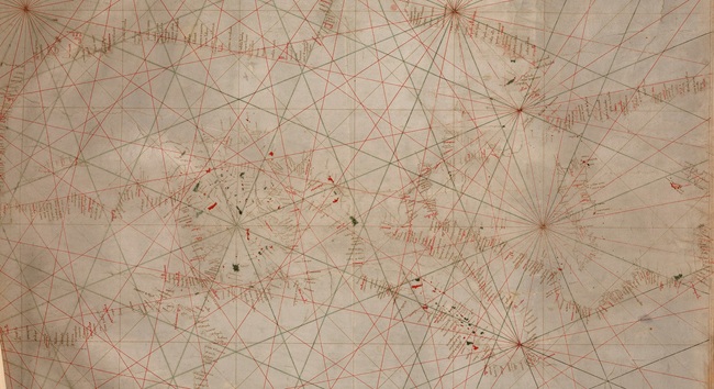 Portolan chart
of the Mediterranean Sea ca. 1320-1350. Ink on vellum, 43 x 59 cm. Library of Congress, Geography and Map Division.
G5672.M4P5 13--.P6.