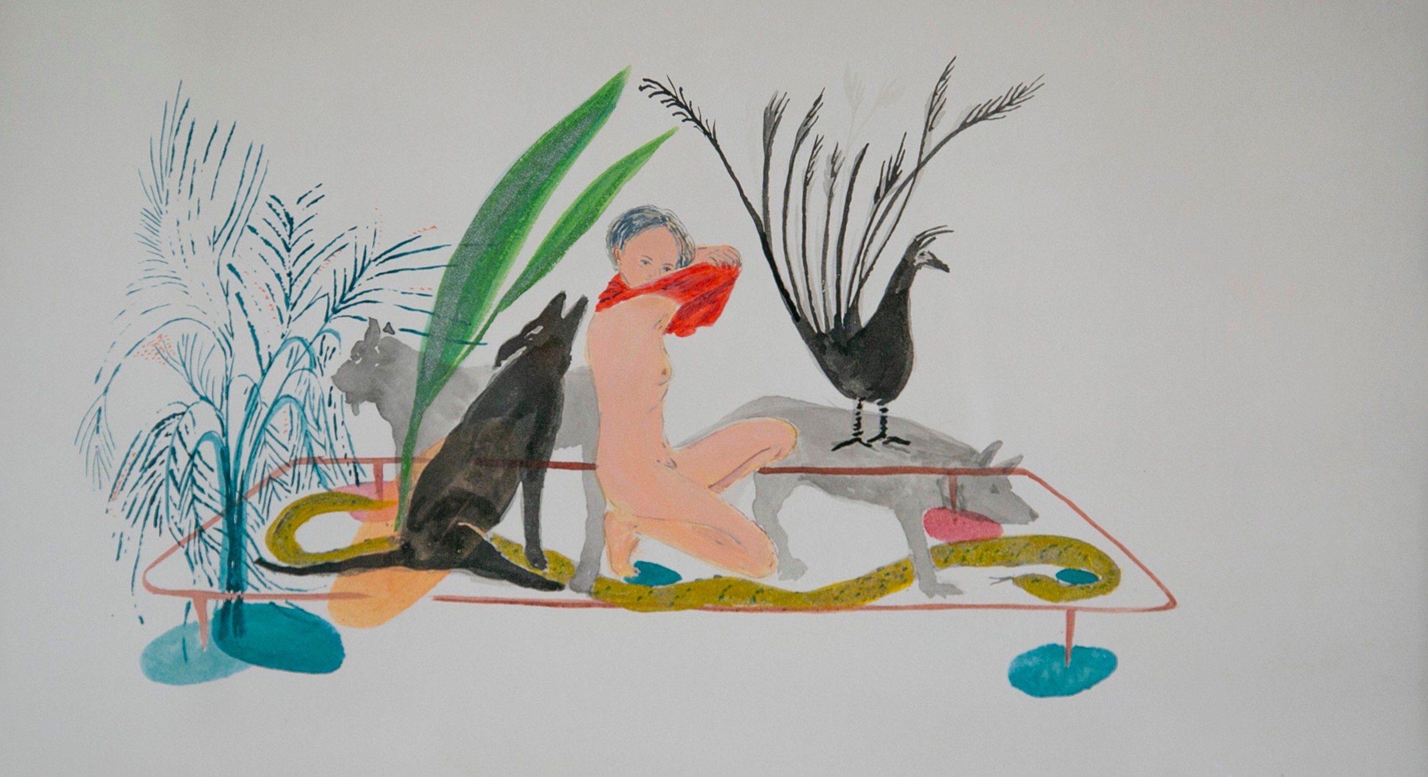 Luz Lizarazo, Serpientes,
aves y lobos. Todas mis bestias, 2020, t&eacute;mpera y l&aacute;pices de colores sobre papel de algod&oacute;n, 35 &times; 49,3 cm, Colecci&oacute;n MAMBO. 