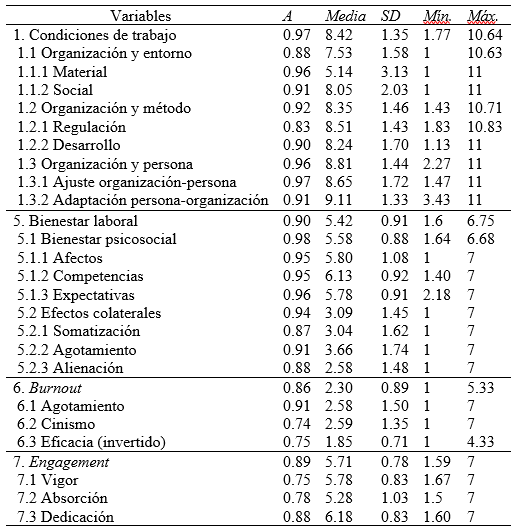 
Estadísticos descriptivos para las categorías y sus dimensiones de análisis
