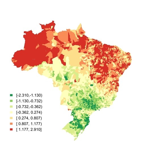  Distribuição espacial do Índice de Privação Socioeconômica.
Brasil, 2018