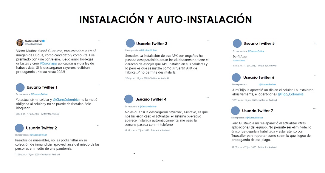 Pantallazos seleccionados en Twitter Colombia sobre los procesos de instalación y autoinstalación de CoronApp