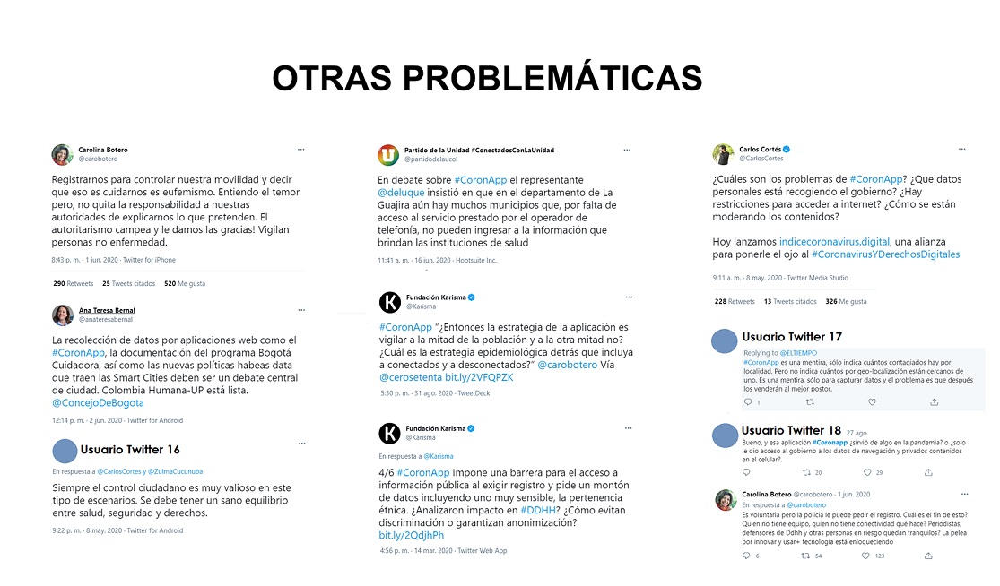 Pantallazos seleccionados en Twitter sobre privacidad, seguridad y uso de las tecnologías de rastreo de contactos para COVID-19 en Colombia