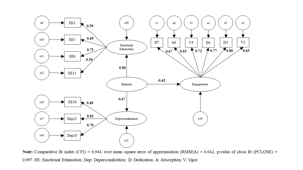 Structural equation model for burnout and engagement by gender.