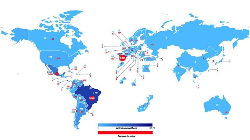 Países, formas de autor y producción científica por país en la disciplina de Comunicación, 2005-2018