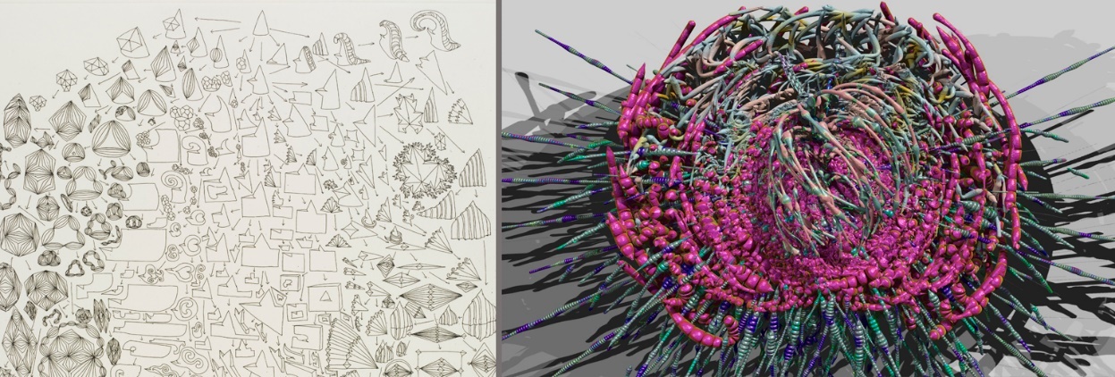 William Latham. Bocetos a mano alzada y rendering 3D de Mutator. Artware8, Jos&eacute; Luis Pr&iacute;ncipe de Lama, 2023, &ldquo;William
Latham: La m&iacute;mesis de un devenir biol&oacute;gico&rdquo;