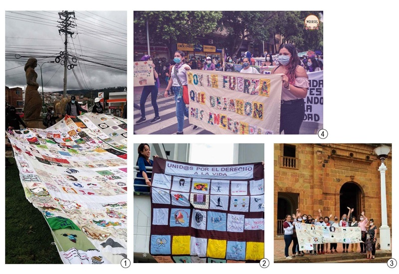 1)
Juntanza de Bordado Nacional en Duitama; 2) bordadores de sue&ntilde;os en Bucaramanga;
3) puntadas y pomarrosas, C&iacute;rculo de Mujeres Garlando y Bordando, Zapatoca; 4)
Fundaci&oacute;n Moiras, C&uacute;cuta